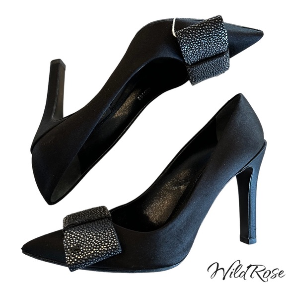 LOUIS VUITTON LIPSTICK PUMPS BLACK SATIN & PEBBLED SILVER LEATHER BOW PUMP 36.5 - Picture 8 of 17